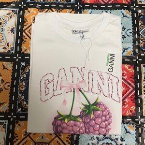 Ganni Raspberry Bow Rhinestone Graphic Tee White Designer Cotton T-shirt NWT